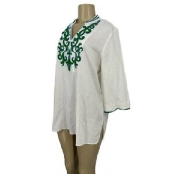 Chico’s Womens embellished tunic green Linen Blend Beaded Blouse Top - Picture 3 of 5